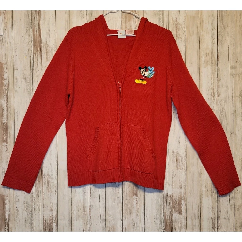 Disney Sweater Mickey Holding Present - Hood Full Zip Med. Red Knit‎ EUC